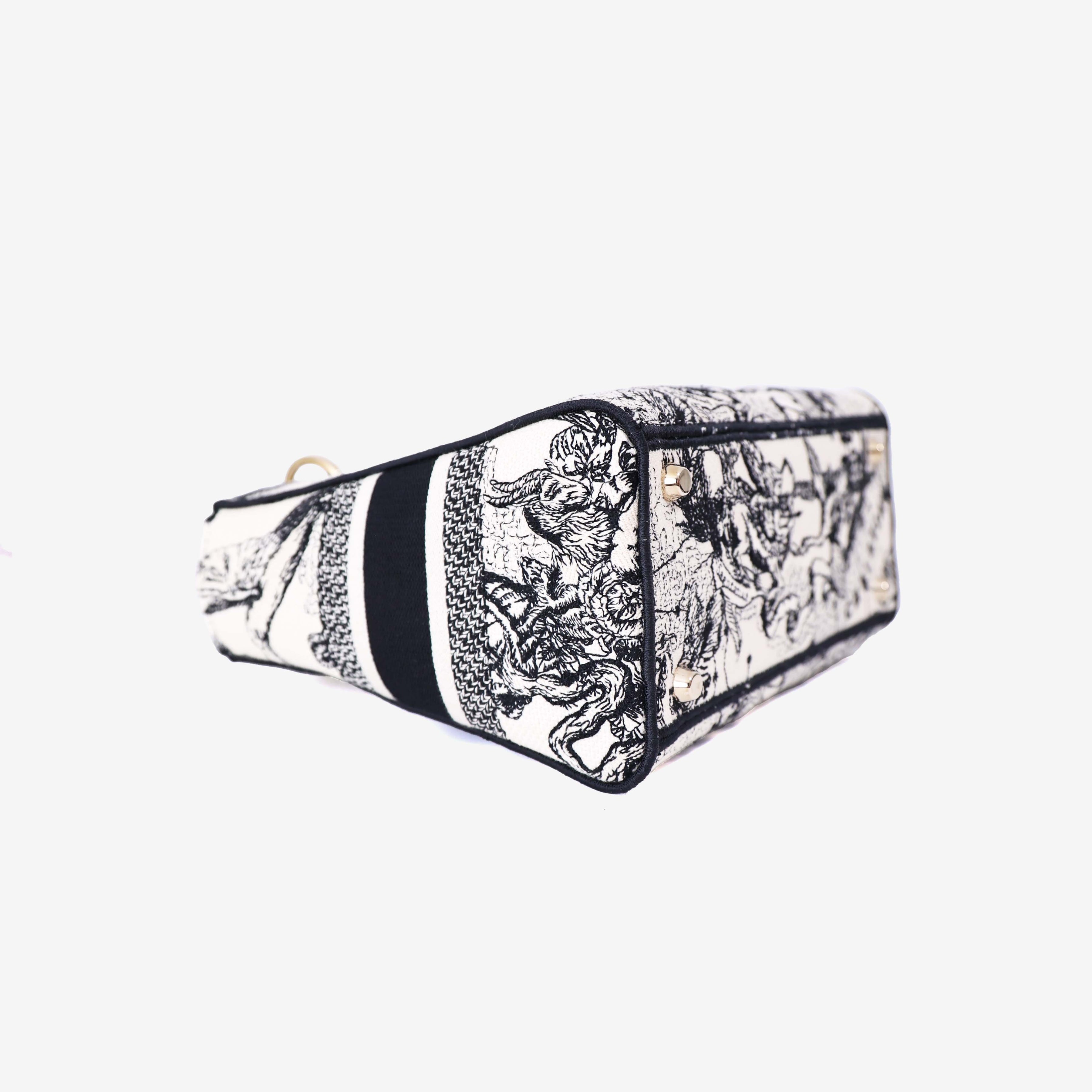 Dior Medium Lady D-Lite Zodiac Embroidered Bag in White/Black Canvas with Gold Hardware bottom side view