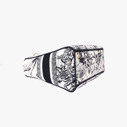 Dior Medium Lady D-Lite Zodiac Embroidered Bag in White/Black Canvas with Gold Hardware bottom side view