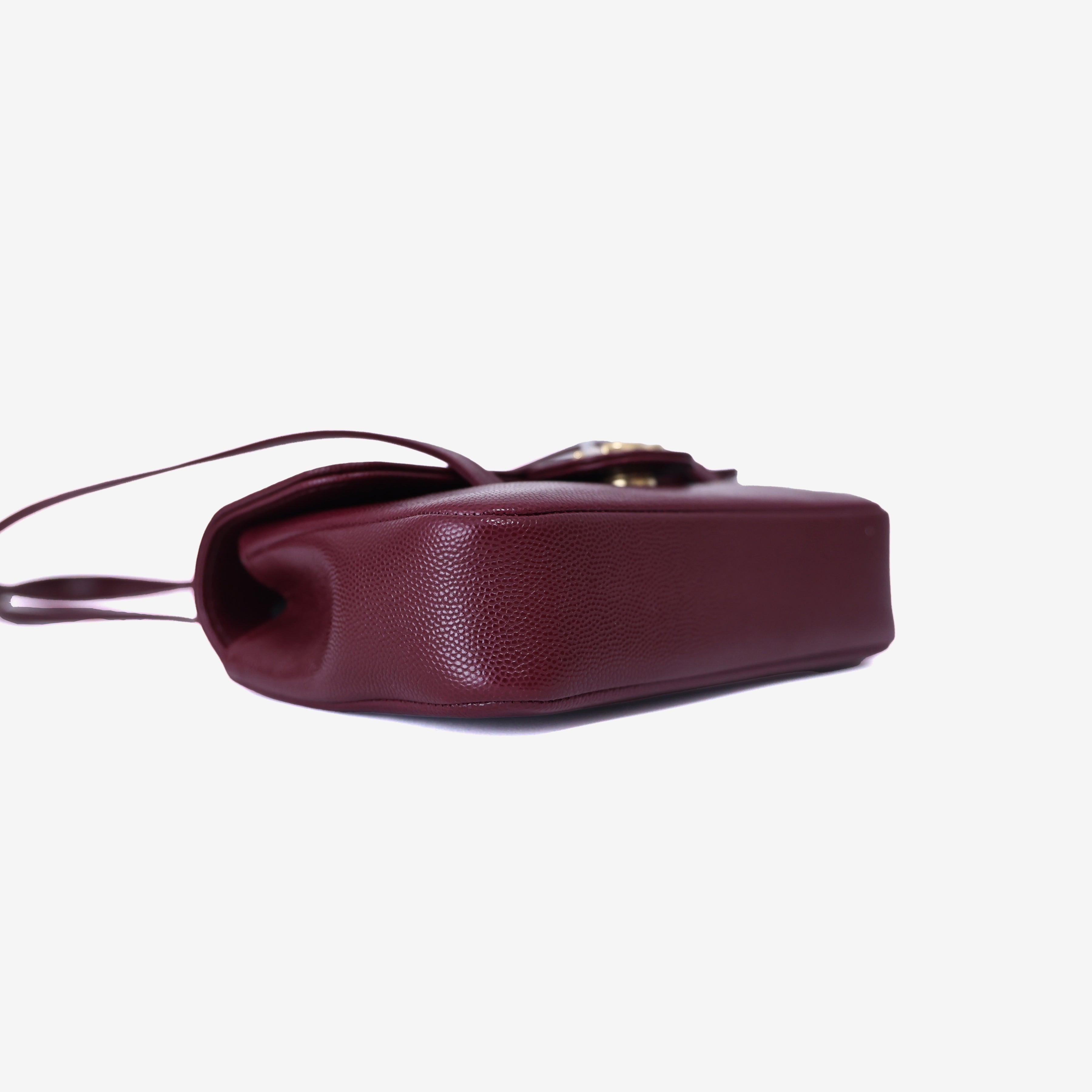 Chanel 26P Preppy Flap Mini in Dark Burgundy Calfskin Leather with Gold Hardware bottom side view