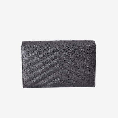 Saint Laurent Cassandre Envelope Chain Wallet in Black Grained Calfskin Leather