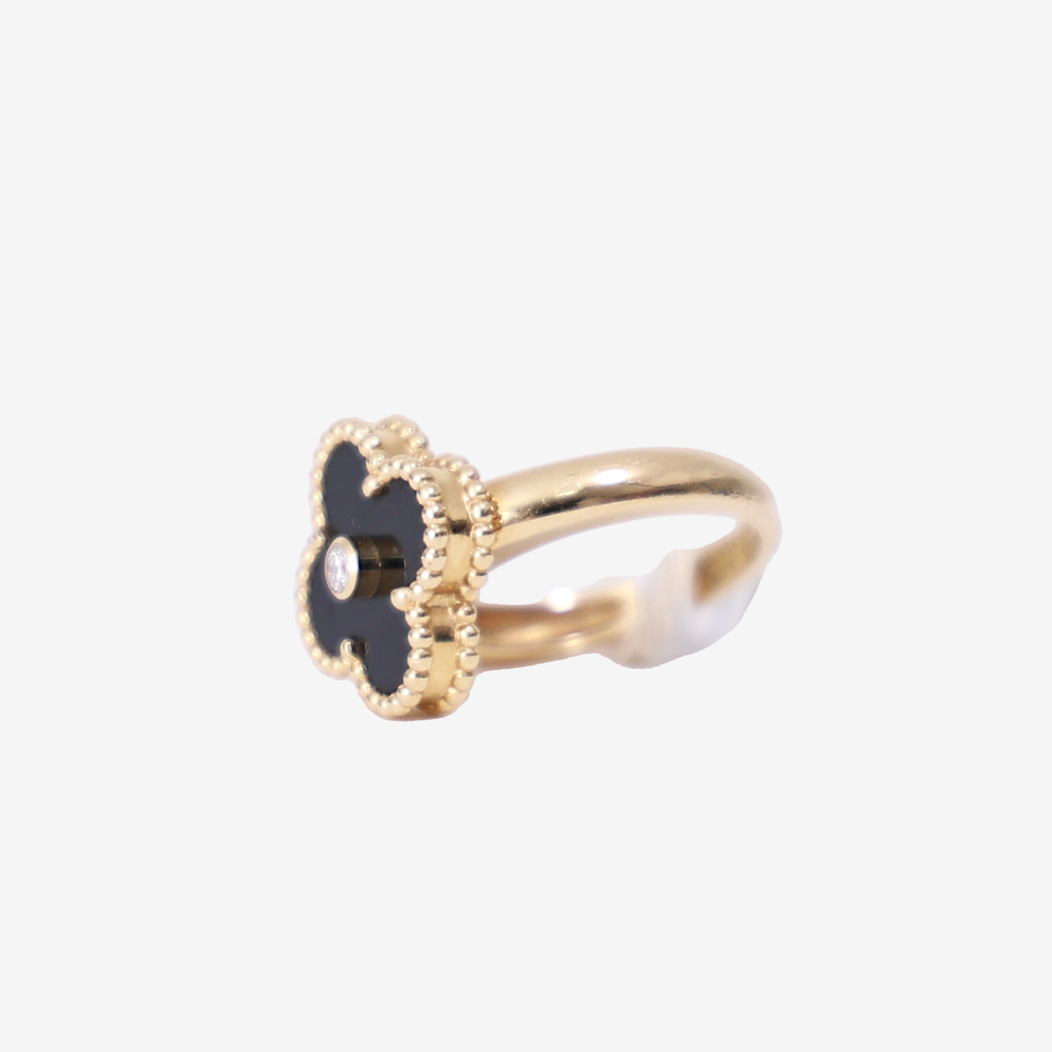 Van Cleef & Arpels Vintage Alhambra Ring in Black Onyx Yellow Gold with Diamond side view