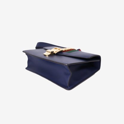 Gucci Sylvie Small Shoulder Bag in Navy Calfskin Leather with Gold Hardware