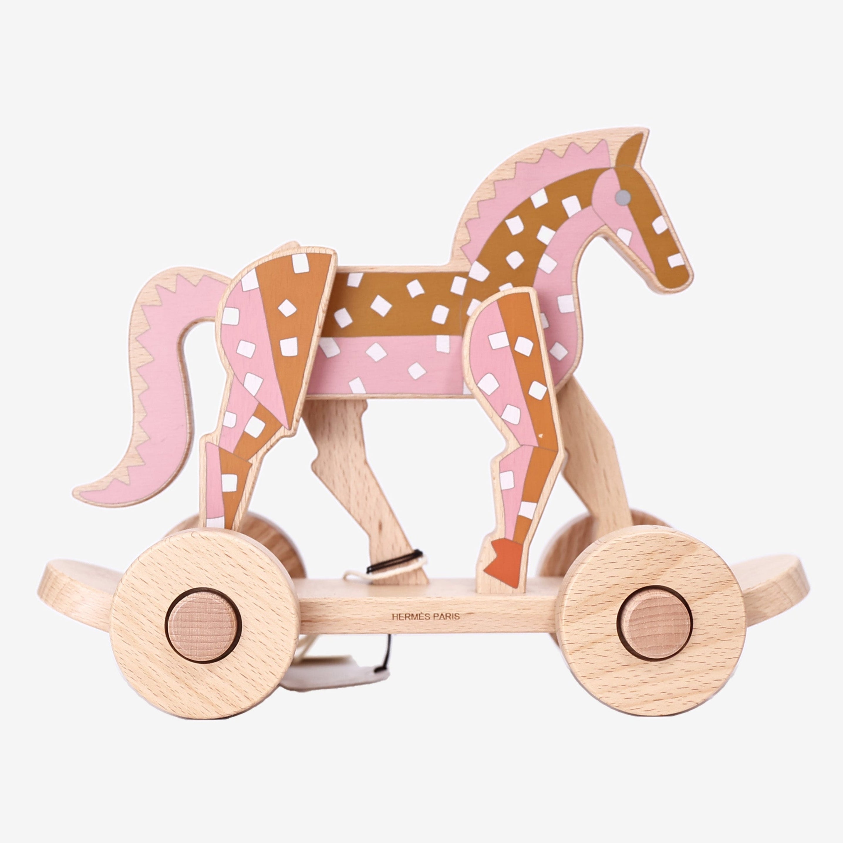 Hermès Épopée Pull-Along Horse in Rose/Orange Beechwood detail view