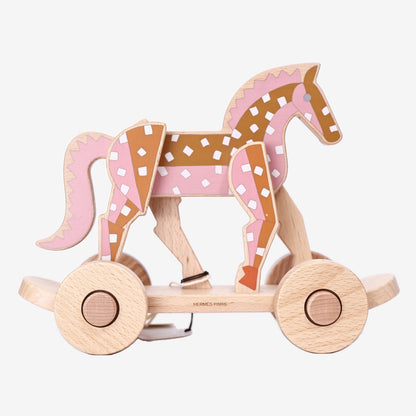 Hermès Épopée Pull-Along Horse in Rose/Orange Beechwood detail view