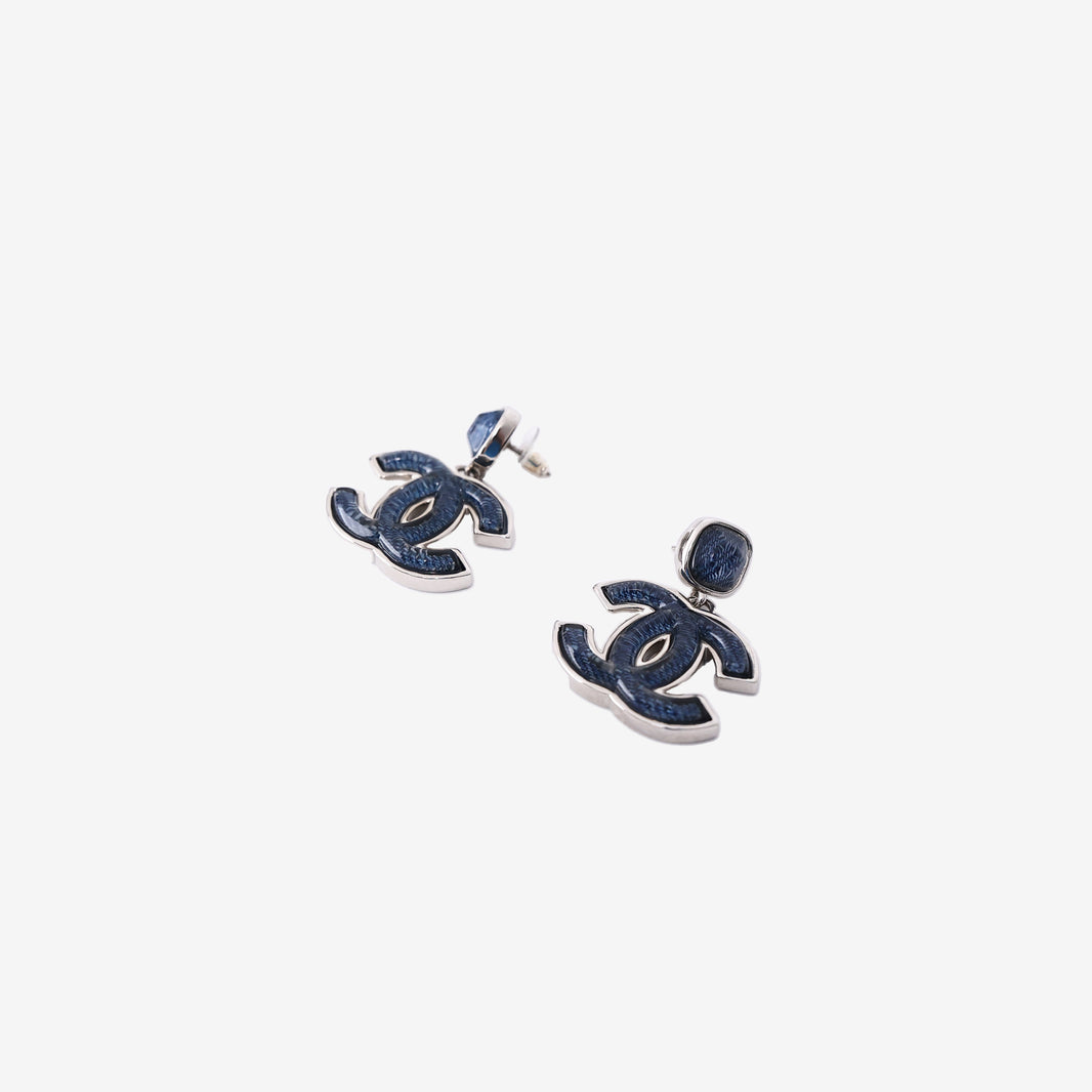 Chanel Earrings in Navy Blue Enamel with Silver Hardware
