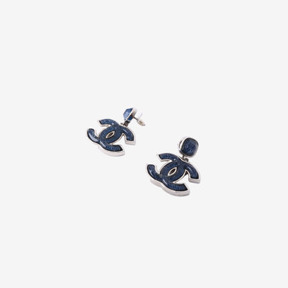 Chanel Earrings in Navy Blue Enamel with Silver Hardware