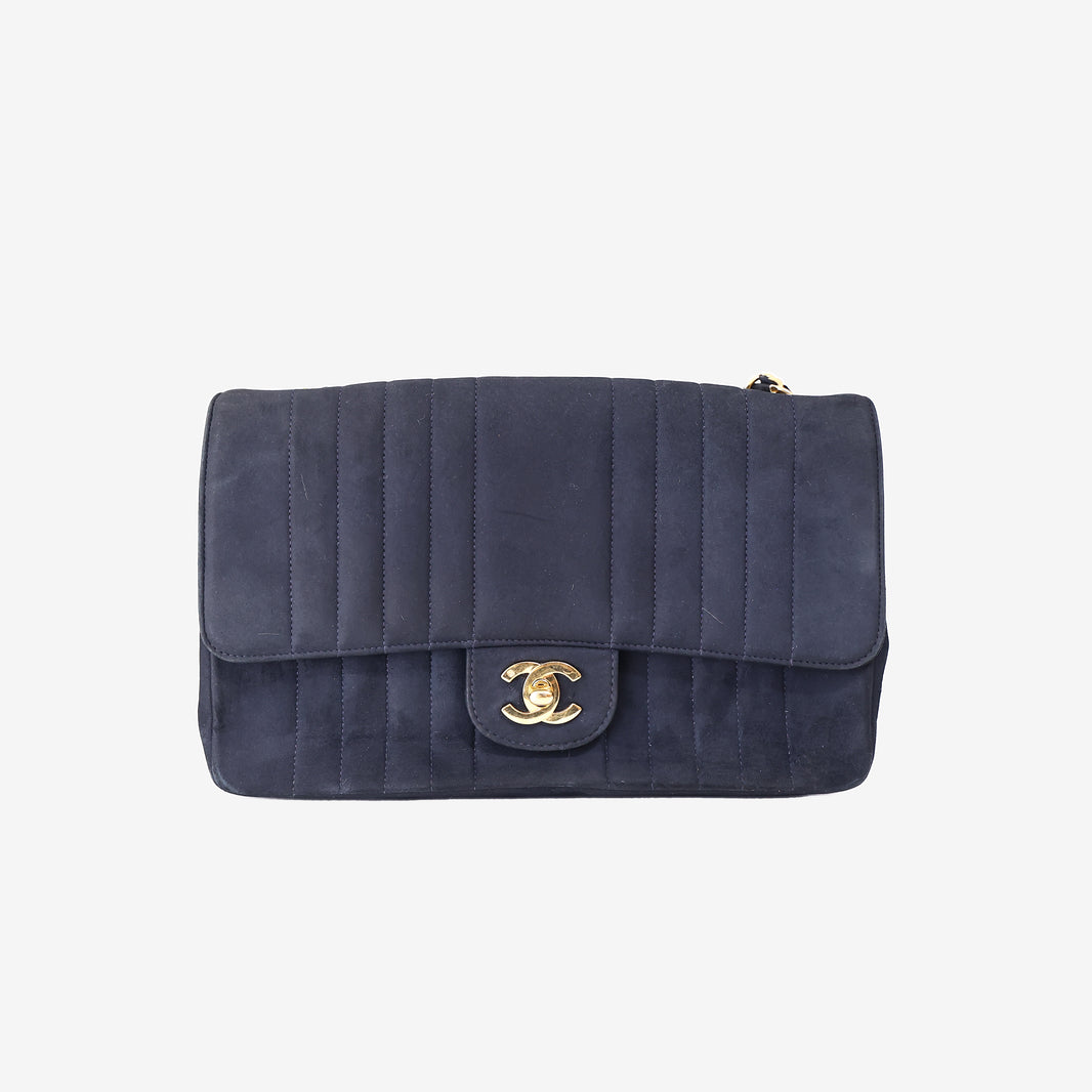 Chanel Vintage Mademoiselle Vertical Flap Bag in Black Suede Leather with Gold Hardware