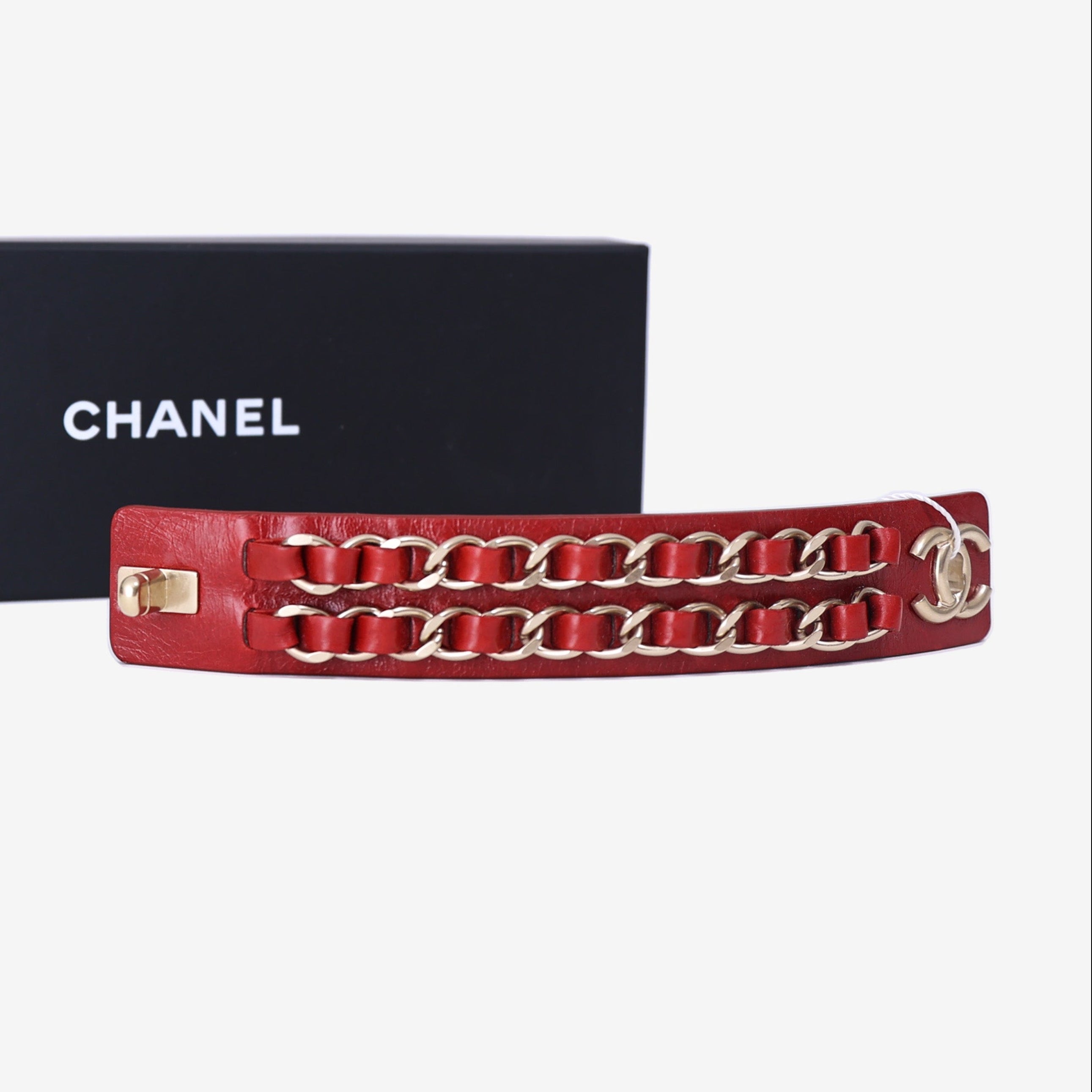 Chanel Leather Chain-Link CC Turn-Lock Bracelet in Red Lambskin Leather with Gold Hardware detail view