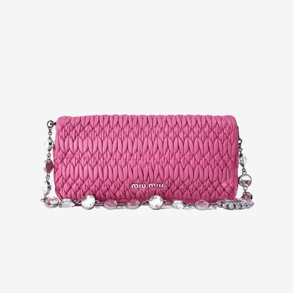 Miu Miu Crystal Shoulder Clutch Bag in Fuchsia Pink Nappa Lambskin with Silver Hardware