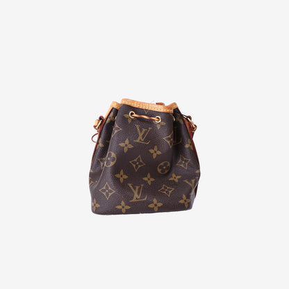 Louis Vuitton Nano Noé Bucket Bag in Monogram Coated Canvas with Vachetta Leather and Gold Hardware