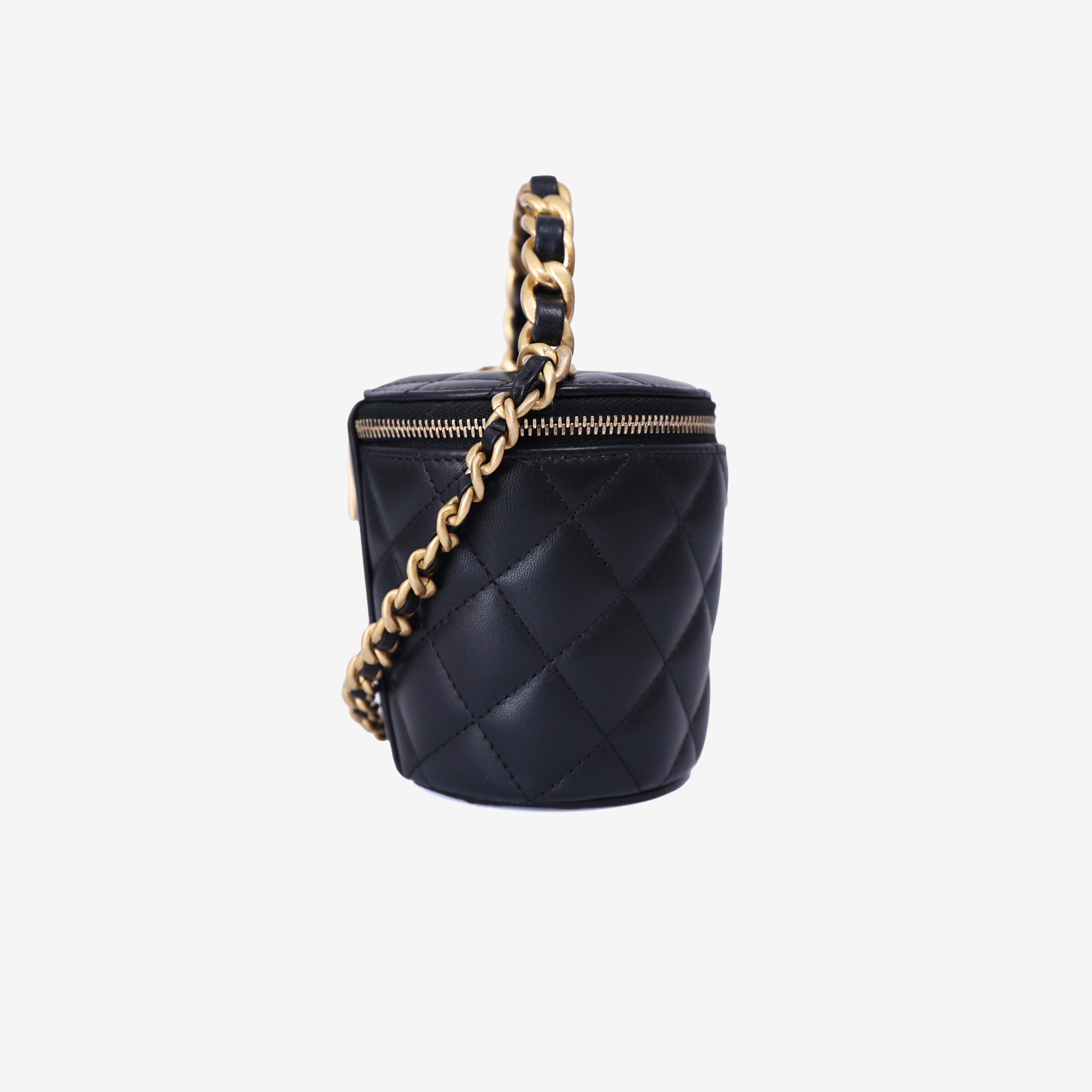 Chanel Bucket Bag in Black Calfskin Leather with Gold Hardware side view