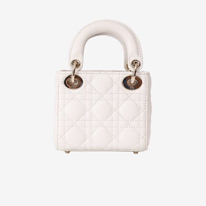 Christian Dior Mini Lady Dior Handbag in White Lambskin with Gold Hardware