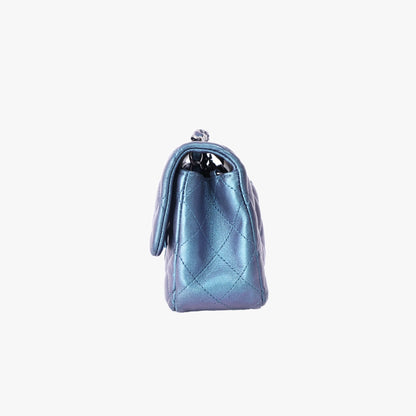 Chanel Mini Rectangular Classic Flap Bag in Iridescent Turquoise Blue Quilted Lambskin Leather with Silver Hardware
