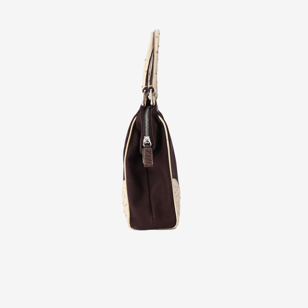 Prada Triangle Ostrich Shoulder Bag in Brown Canvas and Ostrich Leather