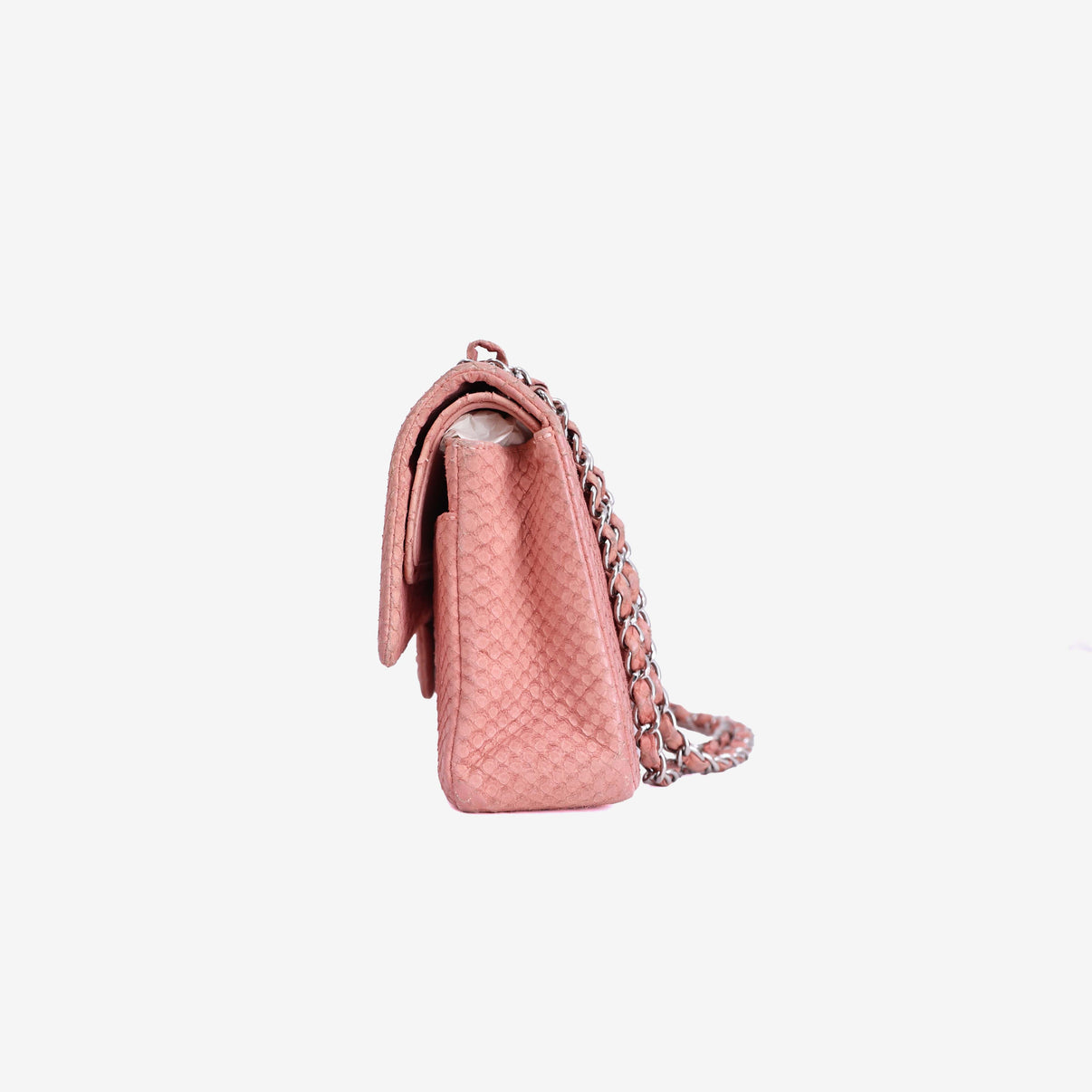 Chanel Classic Double Flap in Pink Python Leather with Silver Hardware side view