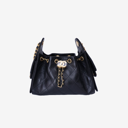 Chanel 25 Mini Hobo Bag in Black Calfskin Leather with Gold Hardware front view