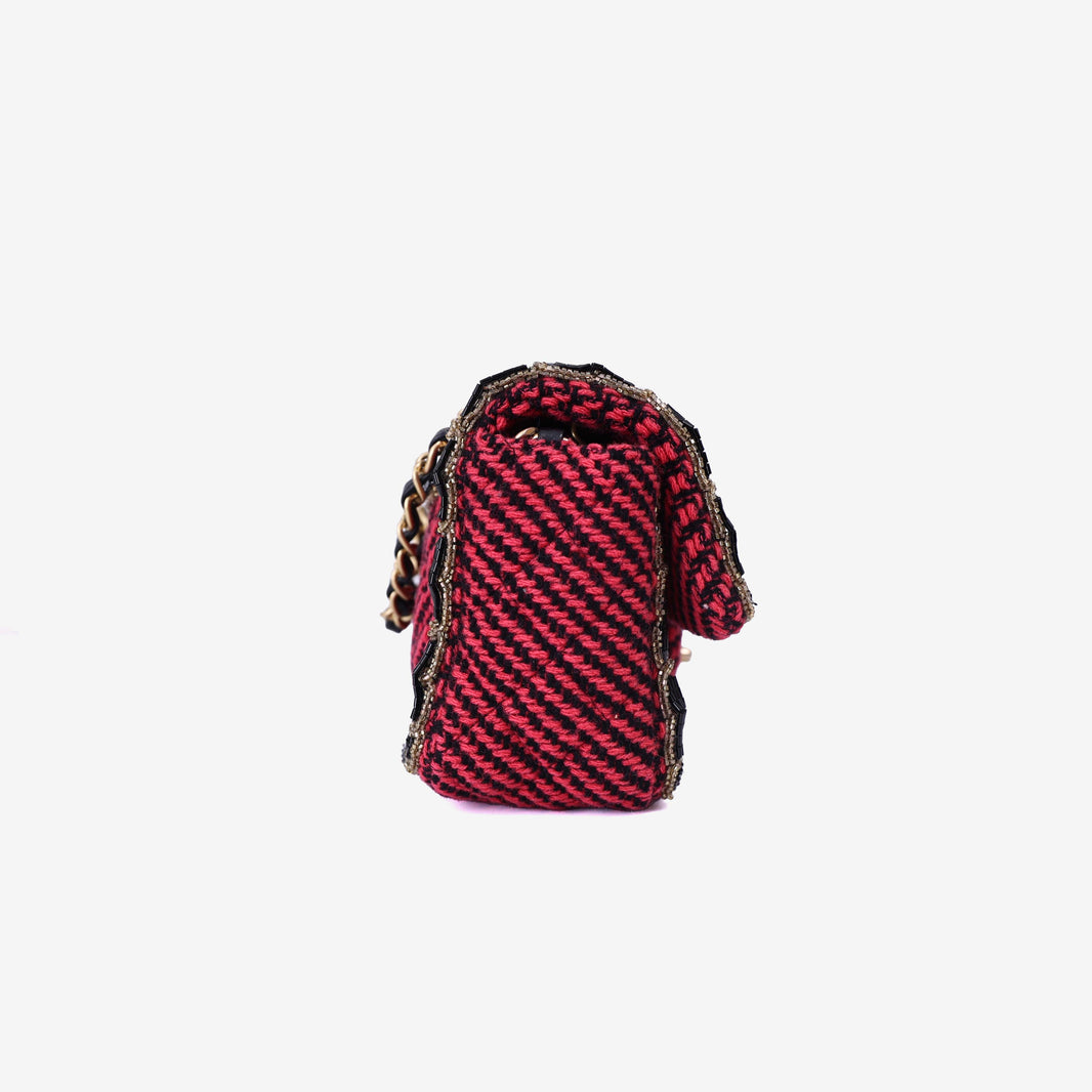Chanel Classic Single Flap Mini Bag in Multicolour Braided Quilted Wool and Beaded Trim with Gold Hardware side view