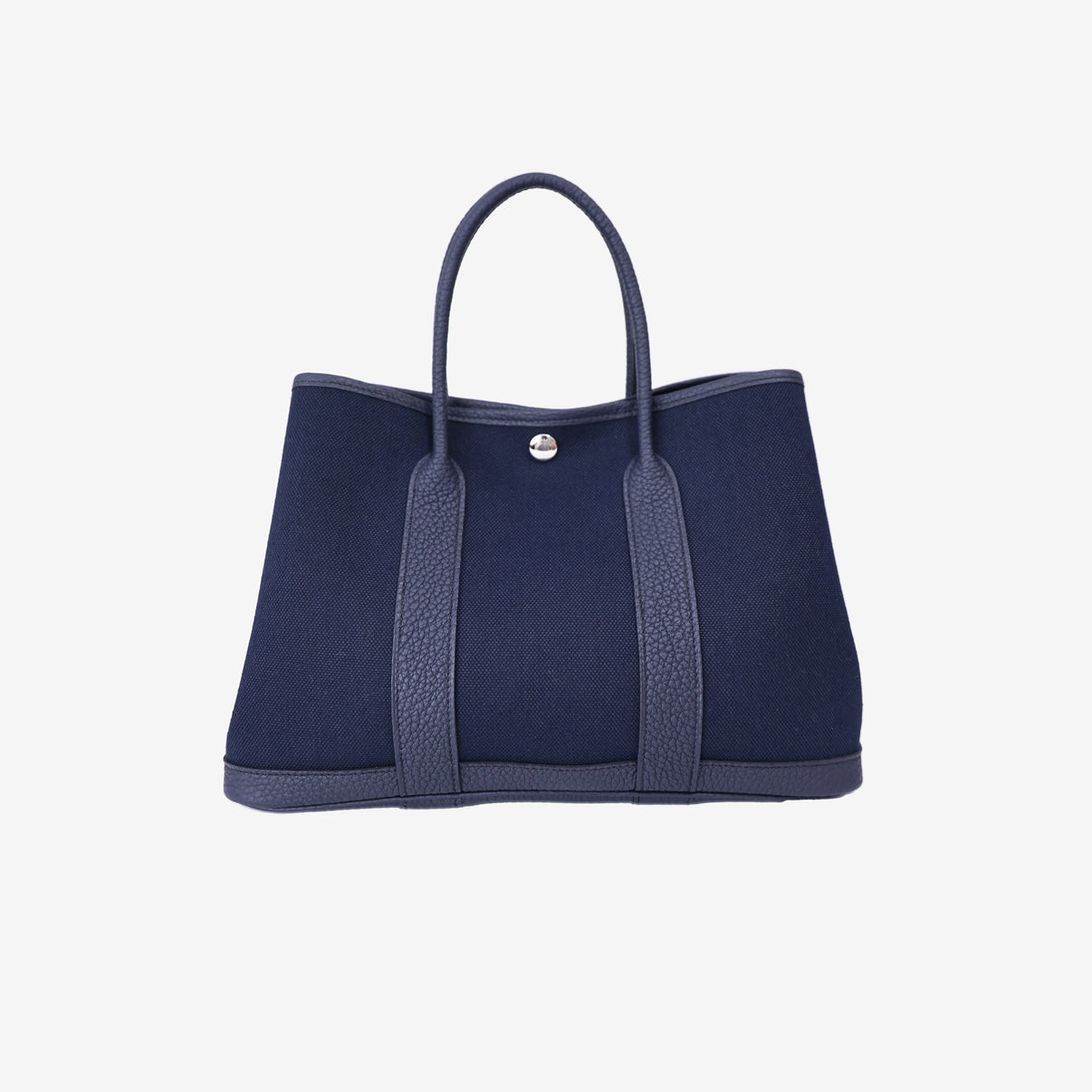 Hermès Garden Party 30 in Bleu Indigo Toile Canvas with Palladium Hardware front view