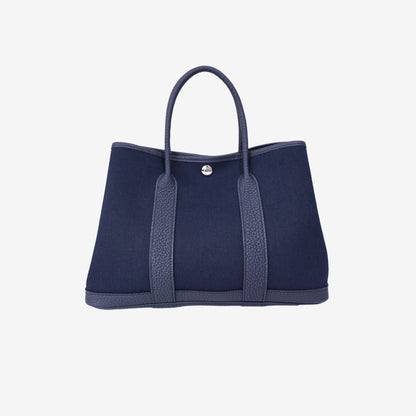 Hermès Garden Party 30 in Bleu Indigo Toile Canvas with Palladium Hardware front view