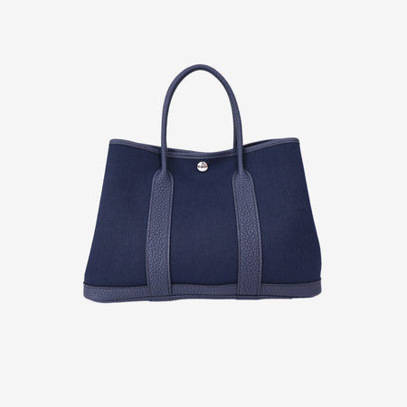 Hermès Garden Party 30 in Bleu Indigo Toile Canvas with Palladium Hardware front view