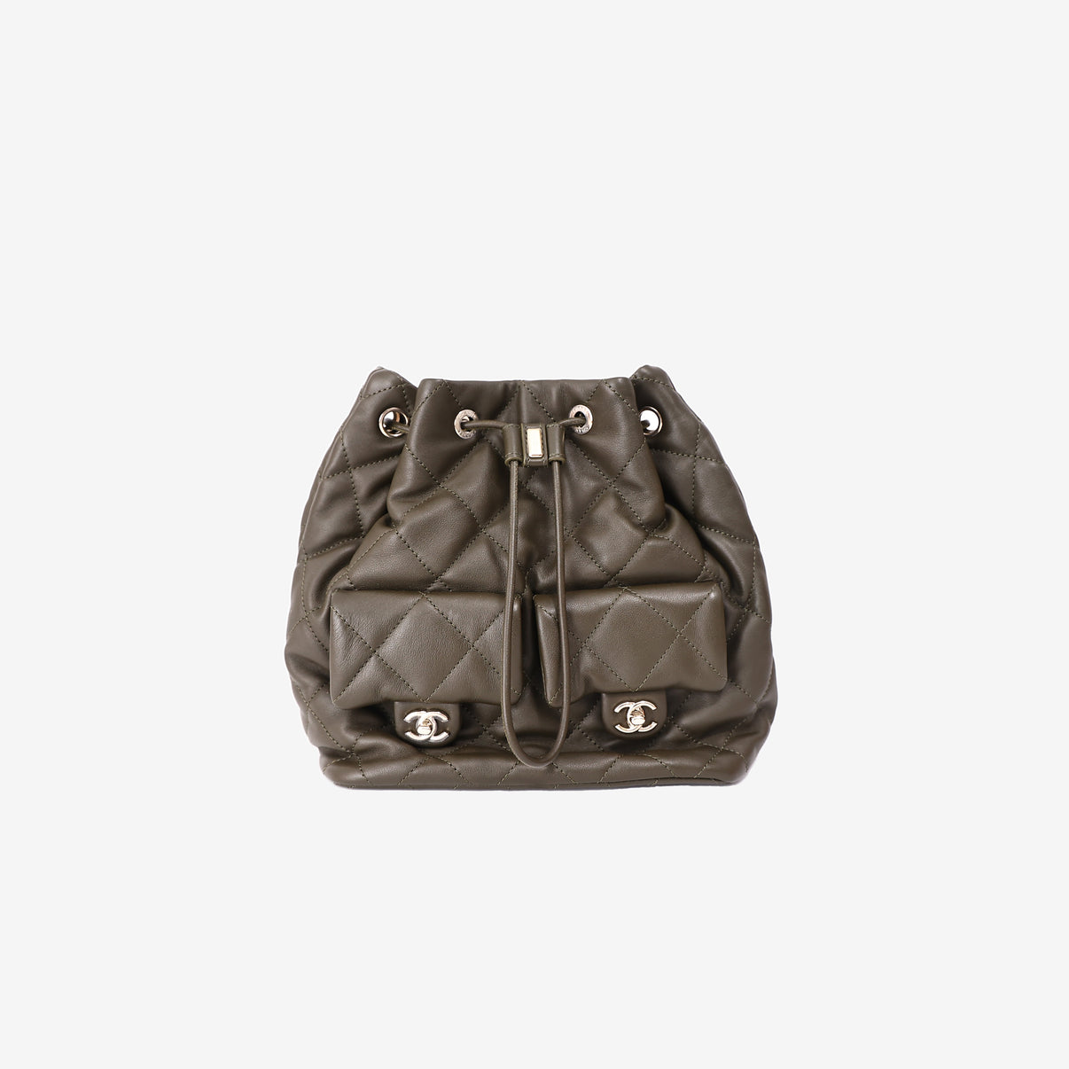Chanel Duma Drawstring Backpack in Khaki Lambskin Leather front view