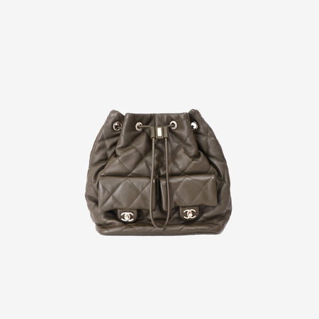 Chanel Duma Drawstring Backpack in Khaki Lambskin Leather front view