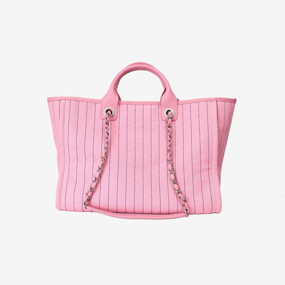 Chanel Large Deauville Tote in Pink and Blue Striped Canvas with Calfskin Leather and Palladium Hardware back view