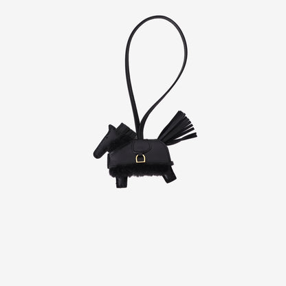 Hermès Rodeo Robeo Plush PM Bag Charm in Black Milo Lambskin and Merinos Wool with Gold Hardware