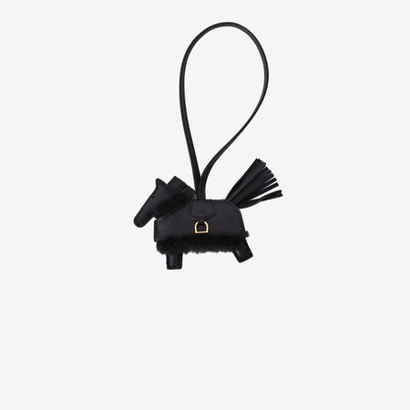 Hermès Rodeo Robeo Plush PM Bag Charm in Black Milo Lambskin and Merinos Wool with Gold Hardware