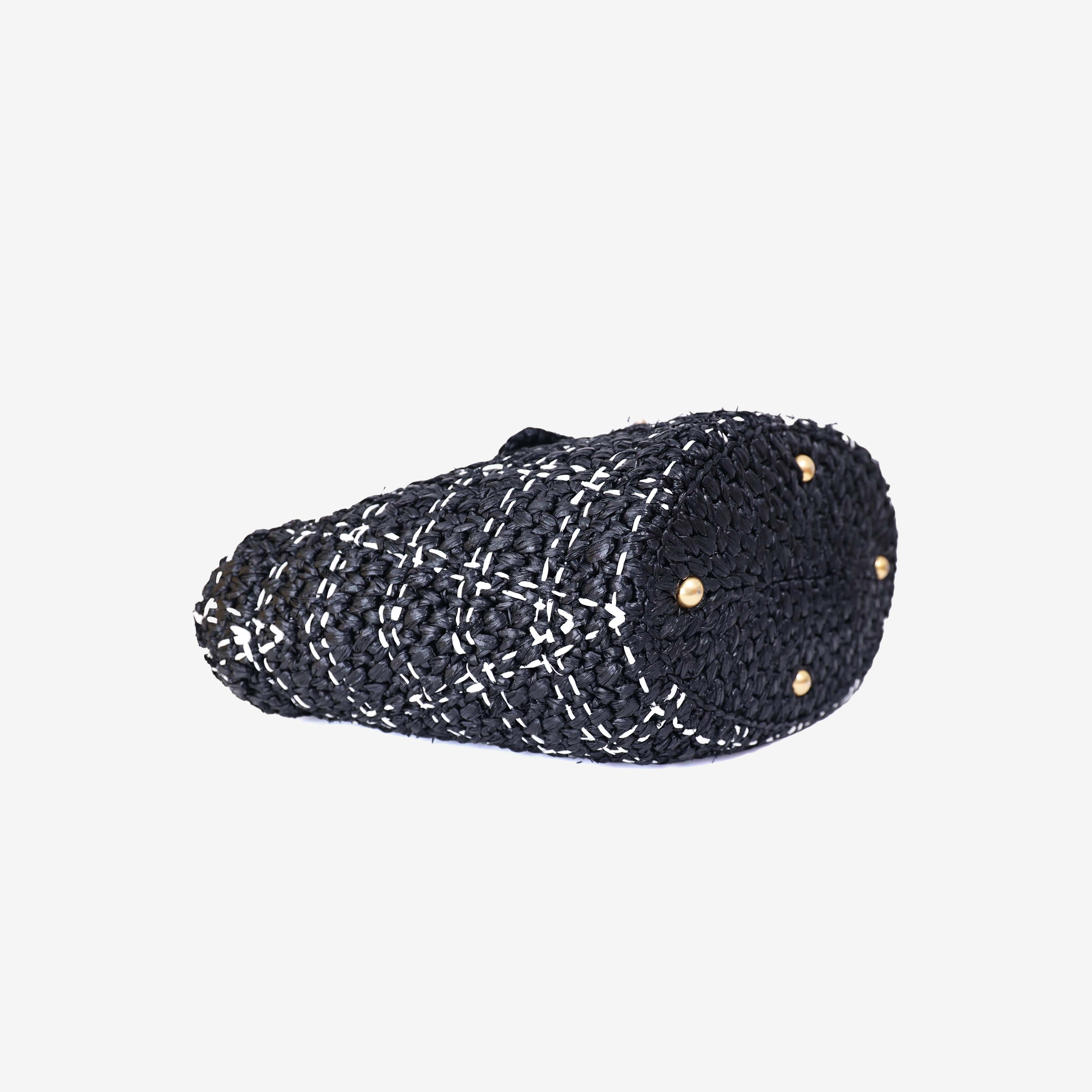 Chanel Raffia Effect Tote in Black/White Tweed Raffia Effect with Gold Hardware bottom side view