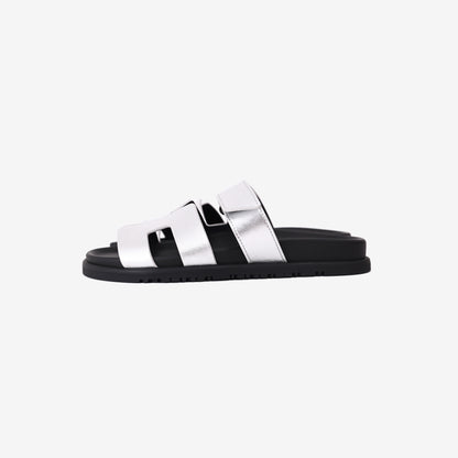 Hermès Chypre Sandals in Gris Argenté Metallic Goatskin (Size 38)