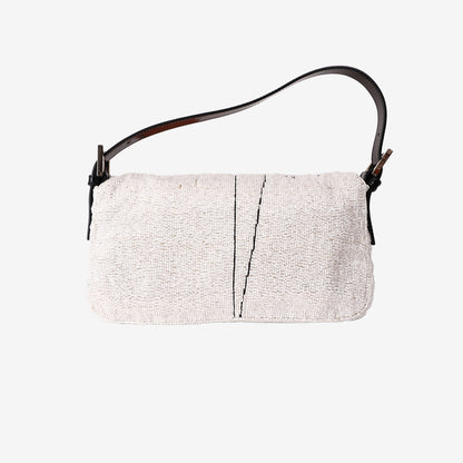 Fendi Beaded Scribble Baguette Shoulder Bag in White/Black with Silver-Tone Hardware