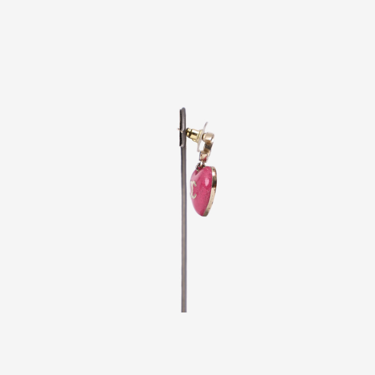 Chanel Crystal CC Resin Heart Drop Earrings in Pink Resin with Gold Hardware side view