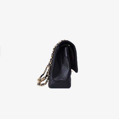 Chanel Classic Flap Bag Medium in Black Caviar Leather with Gold Hardware side view