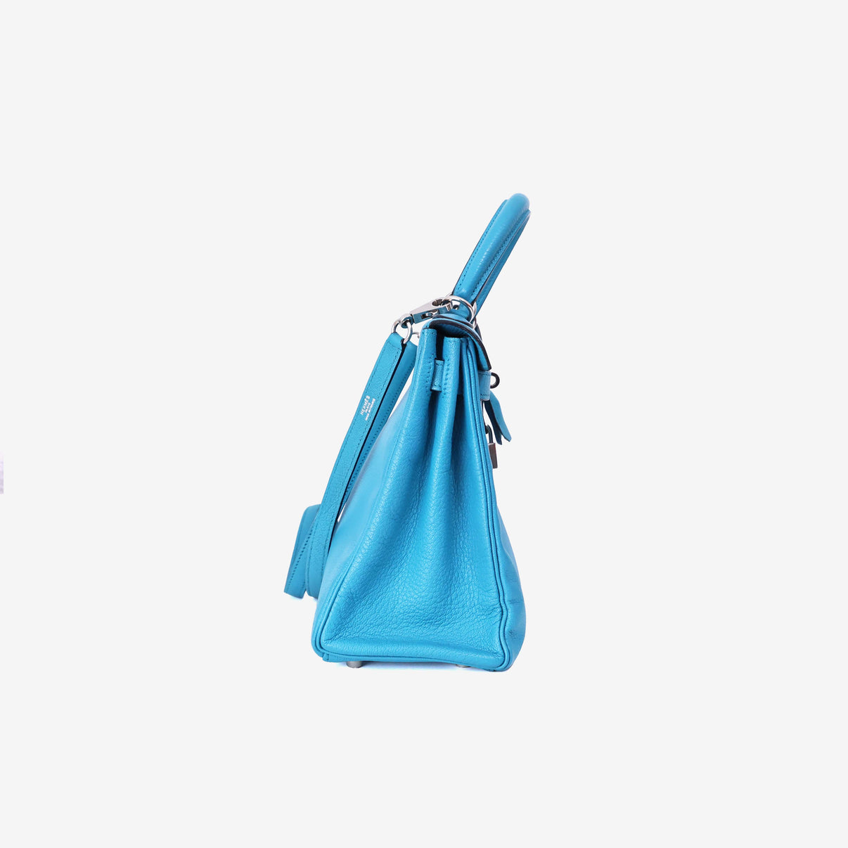 Hermès Kelly 28 in Celeste Evercolor Leather with Palladium Hardware side view