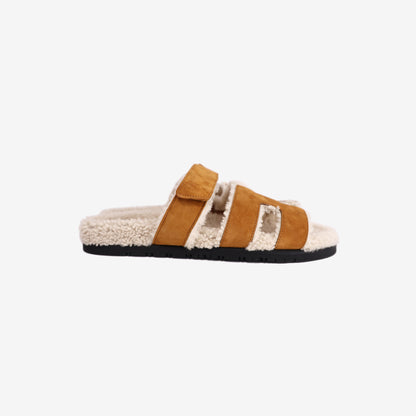 Hermès Chypre Shearling Sandals in Naturel and Écru Suede Goatskin (Size 42)
