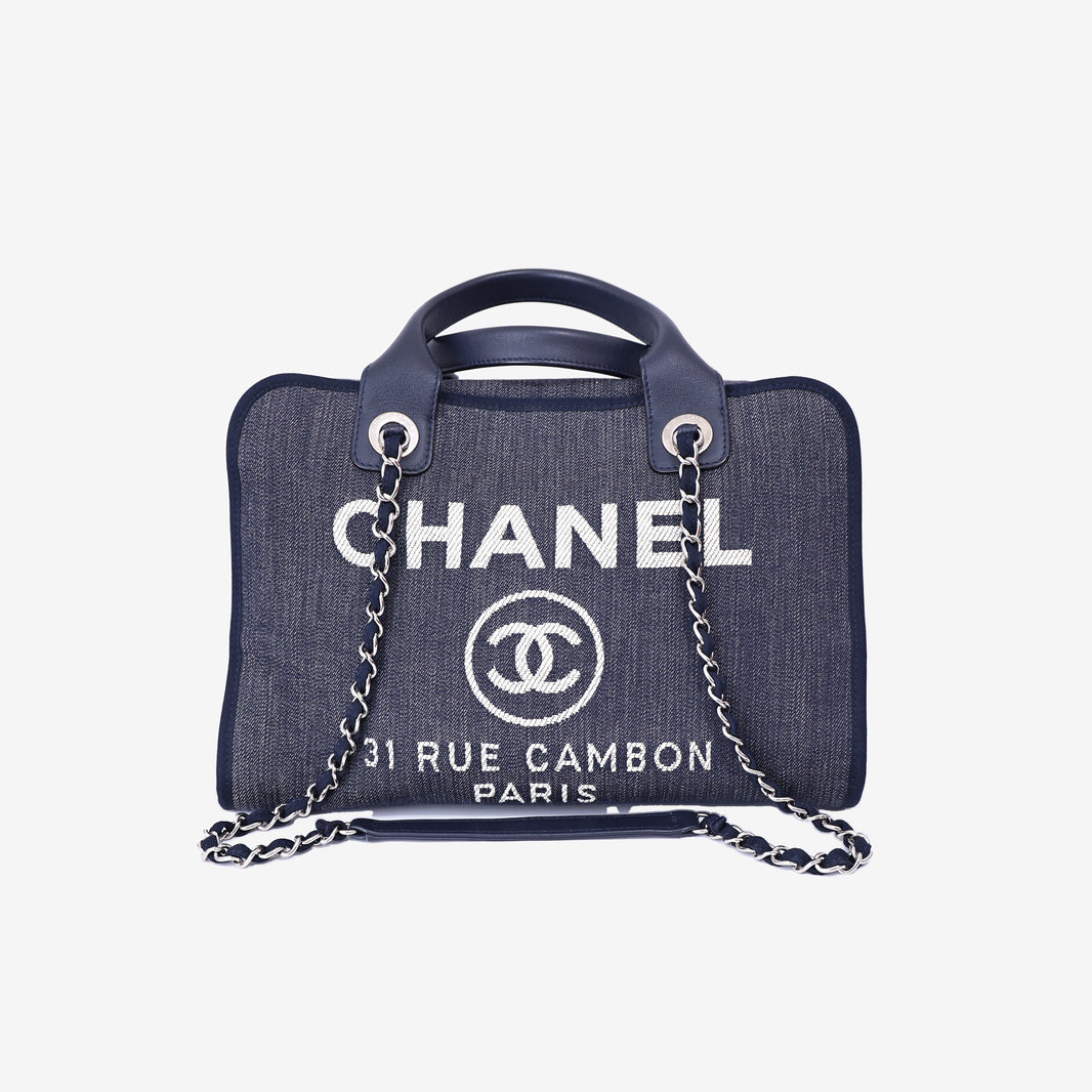 Chanel Large Bowling Bag in Blue Denim & Calfskin Leather with Silver Hardware front view