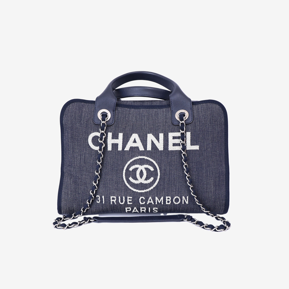 Chanel Large Bowling Bag in Blue Denim & Calfskin Leather with Silver Hardware front view