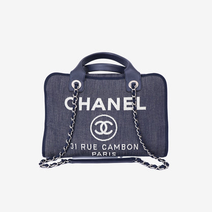 Chanel Large Bowling Bag in Blue Denim & Calfskin Leather with Silver Hardware front view