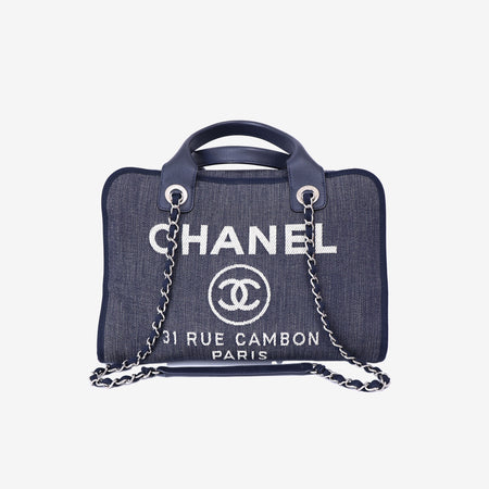 Chanel Large Bowling Bag in Blue Denim & Calfskin Leather with Silver Hardware front view