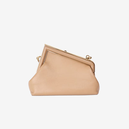 Fendi Small First Clutch in Poudre Beige Shiny Nappa Leather with Gold Hardware