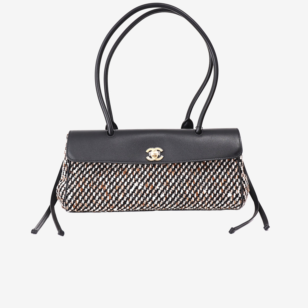Chanel 26S East-West Shopping Tote in Black Calfskin and Multicolour Tweed with Gold Hardware