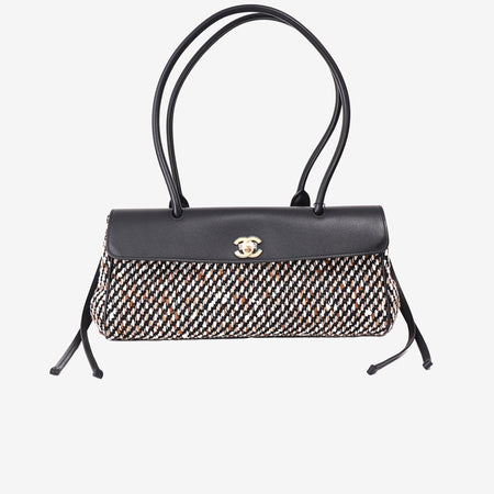 Chanel 26S East-West Shopping Tote in Black Calfskin and Multicolour Tweed with Gold Hardware