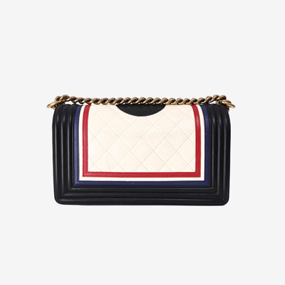 Chanel Boy Bag in White Black and Blue Lambskin Leather with Gold Hardware