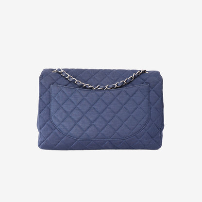Chanel Quilted Jersey Denim Classic Flap Bag in Blue Knit Fabric with Silver Hardware