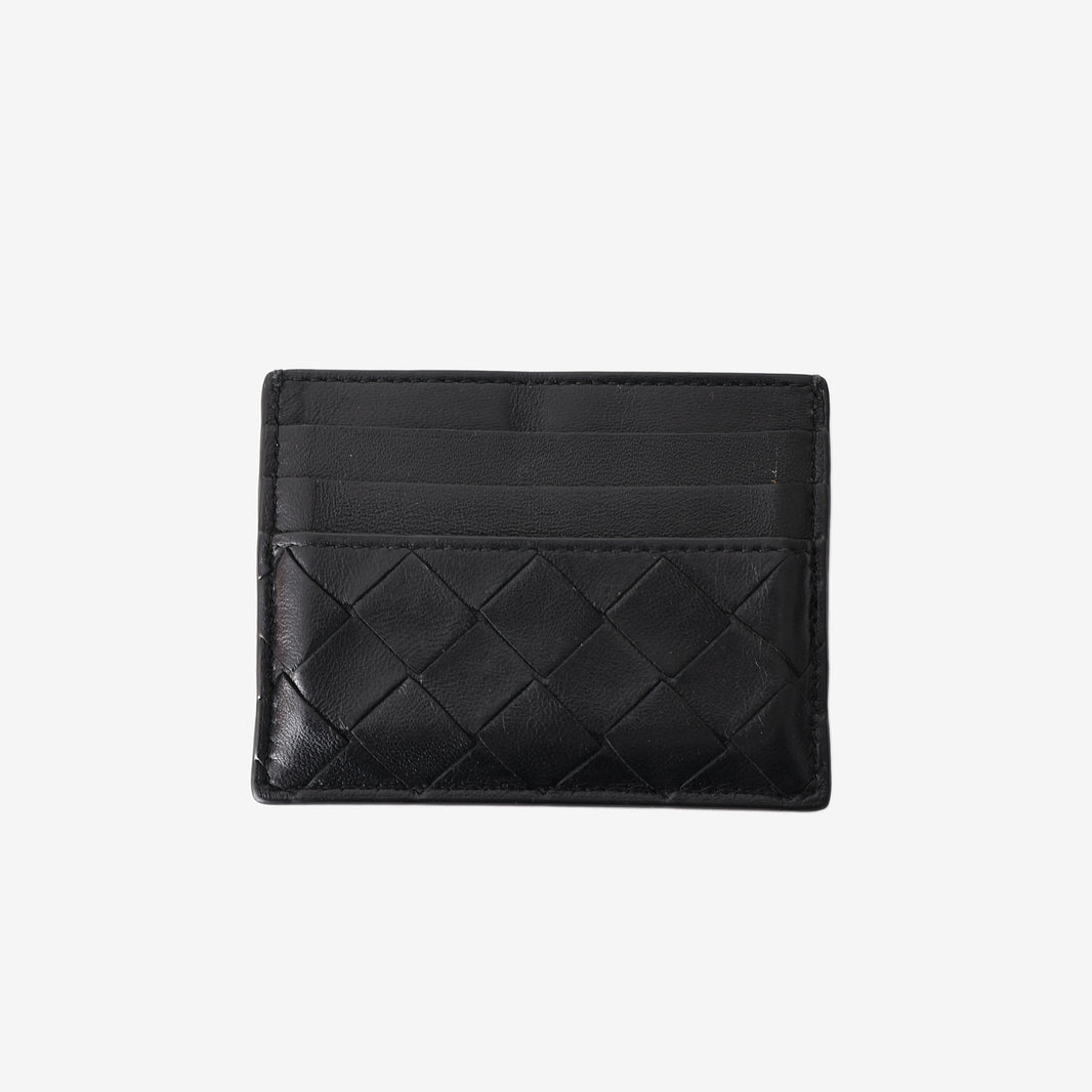 Bottega Veneta Card Holder in Black Calfskin Leather with Intrecciato Detail