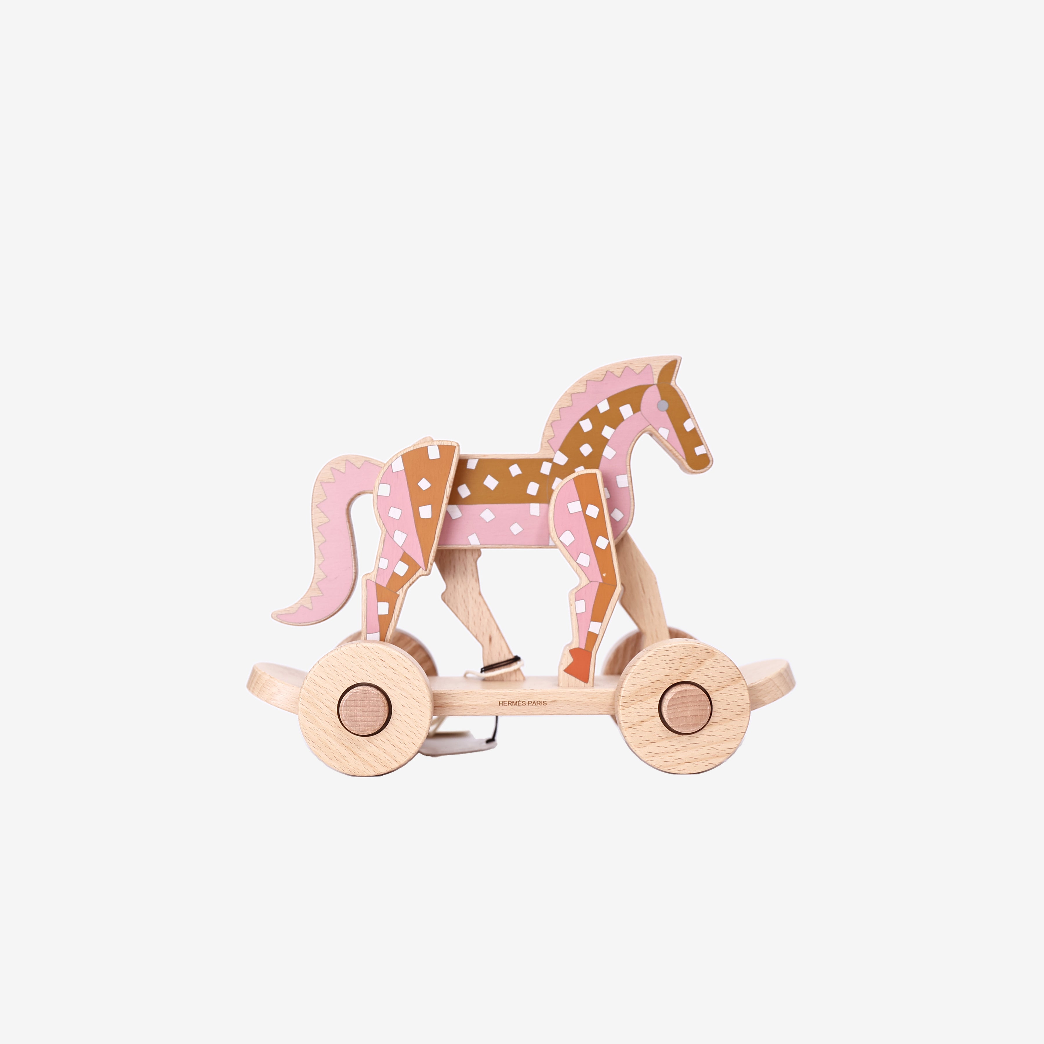 Hermès Épopée Pull-Along Horse in Rose/Orange Beechwood front view