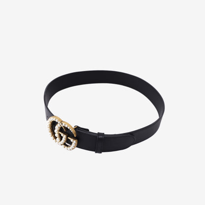Gucci Marmont Belt in Black Calfskin Leather with Faux Pearl Detailing (Size 80)