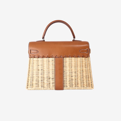 Hermès Kelly Picnic 35 in Osier Wicker and Fauve Barenia Leather with Palladium Hardware