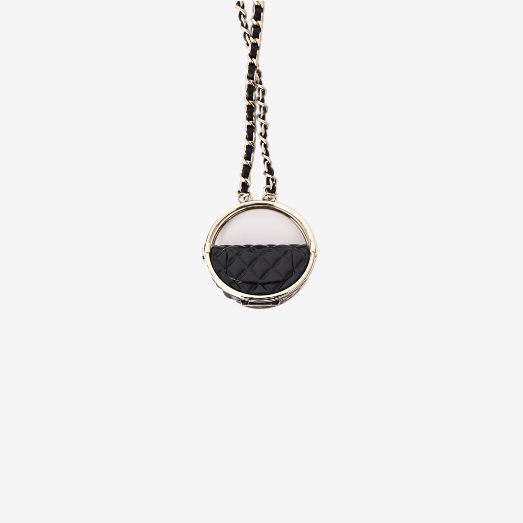 Chanel Gold CC Black Hula Bag Mirror Large Charm Long Necklace in Black Leather with Gold Hardware